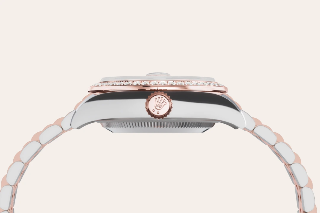 Rolex Lady-Datejust 28 in Oystersteel, Everose gold and diamonds, with a chocolate, bezel with diamonds, and Jubilee bracelet, m279381rbr-0009 - AH Riise