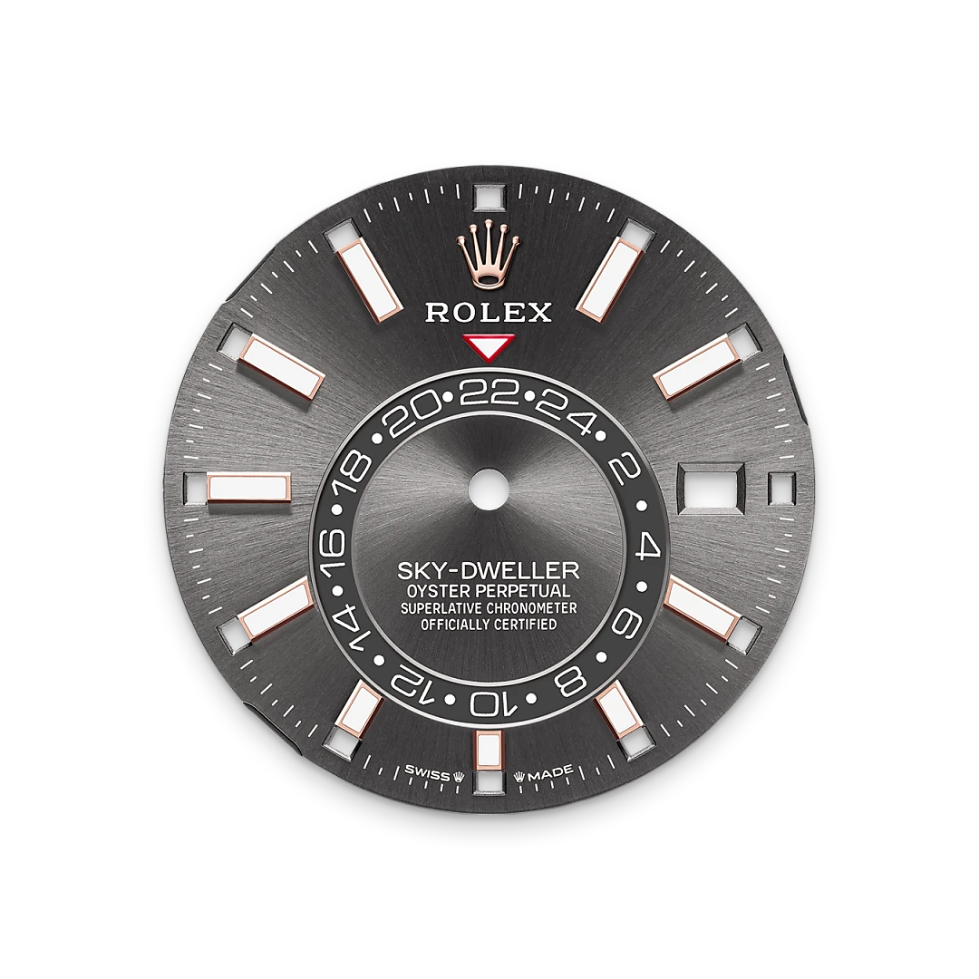 Rolex Sky-Dweller in Everose gold with a Slate dial, fluted bezel, and Oysterflex bracelet, m336235-0004 - AH Riise