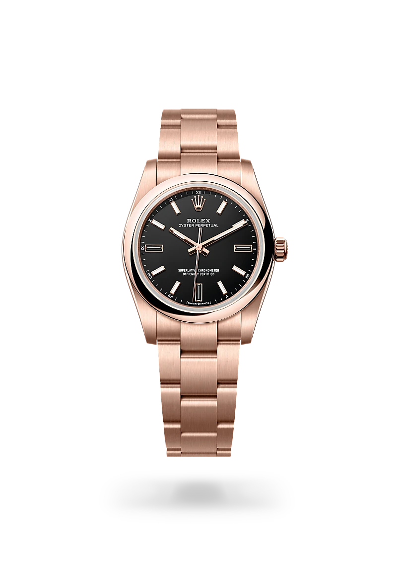 Rolex Oyster Perpetual 34 in Everose gold with a Black dial, domed bezel, and Oyster bracelet - AH Riise Rolex Oyster Perpetual 34 in Everose gold with a Black dial, domed bezel, and Oyster bracelet - AH Riise