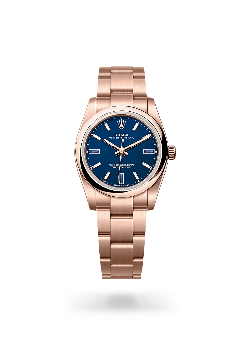 Rolex Oyster Perpetual 34 in Everose gold with a Blue stone dial, domed  bezel, and Oyster bracelet - AH Riise