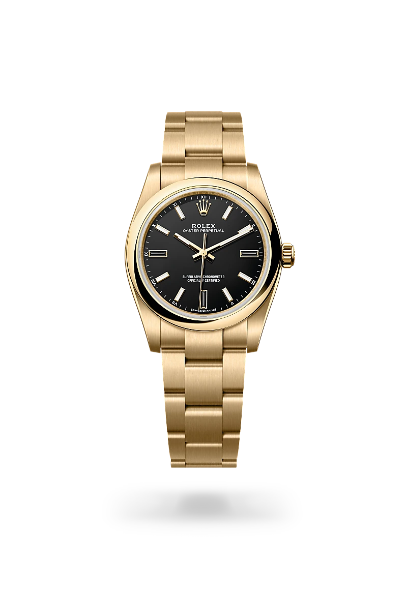 Rolex Oyster Perpetual 34 in yellow gold with a Black dial, domed  bezel, and Oyster bracelet - AH Riise