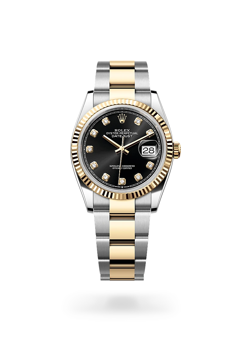 Rolex Datejust 36 in Oystersteel and yellow gold with a Bright black dial set with diamonds, and Oyster bracelet - AH Riise