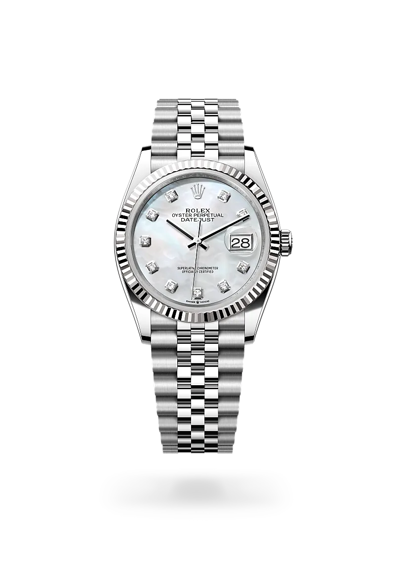 Rolex Datejust 36 in Oystersteel and white gold with a White mother-of-pearl set with diamonds dial, fluted bezel, and Jubilee bracelet - AH Riise Rolex Datejust 36 in Oystersteel and white gold with a White mother-of-pearl set with diamonds dial, fluted bezel, and Jubilee bracelet - AH Riise