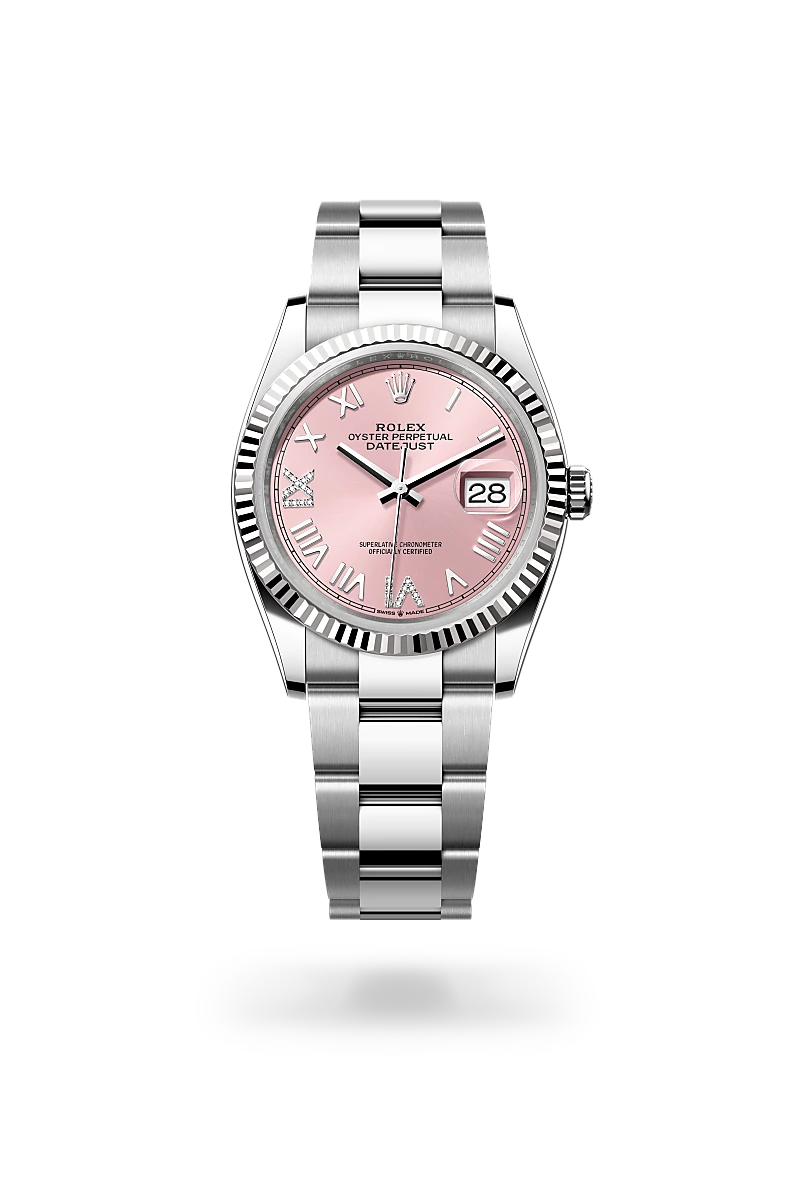 Rolex Datejust 36 in Oystersteel and white gold with a Pink set with diamonds dial, fluted bezel, and Oyster bracelet - AH Riise Rolex Datejust 36 in Oystersteel and white gold with a Pink set with diamonds dial, fluted bezel, and Oyster bracelet - AH Riise