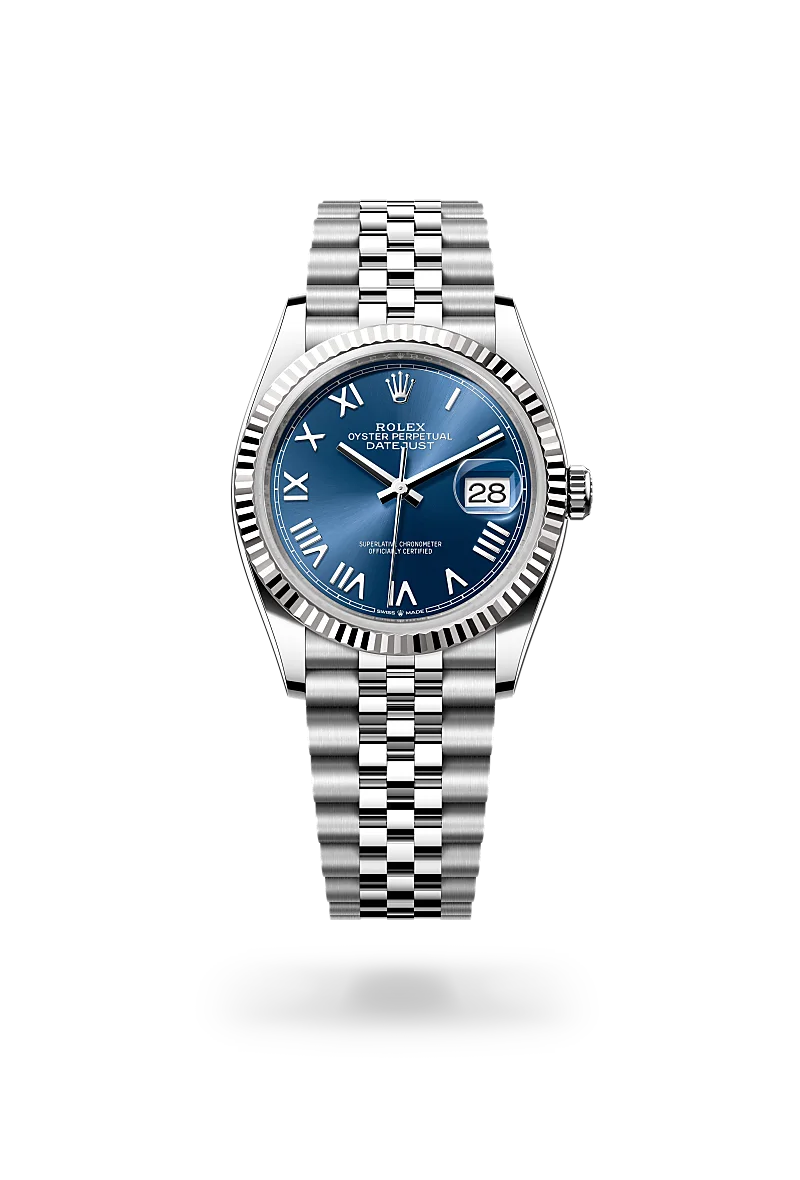 Rolex Datejust 36 in Oystersteel and white gold with a Bright blue dial, fluted bezel, and Jubilee bracelet - AH Riise