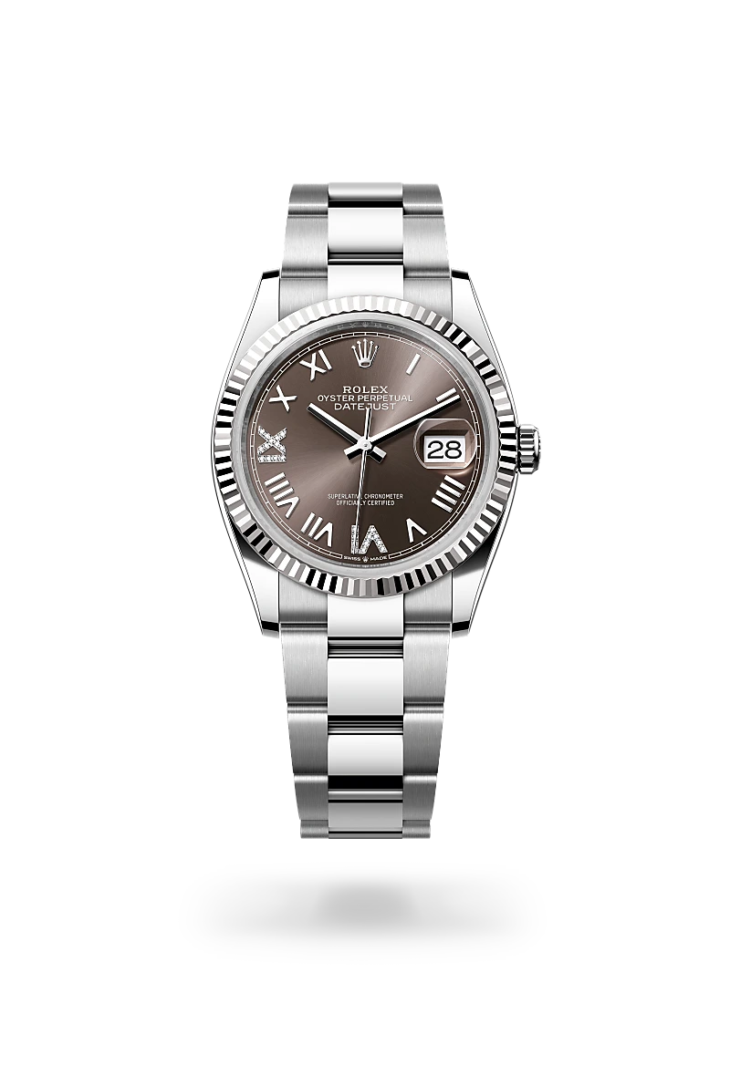 Rolex Datejust 36 in Oystersteel and white gold with a Dark grey set with diamonds dial, fluted bezel, and Oyster bracelet - AH Riise