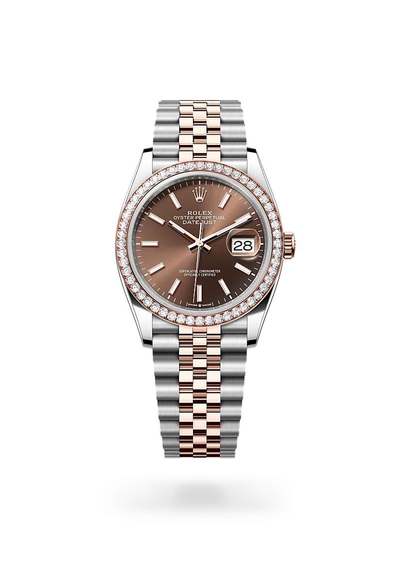 Rolex Datejust 36 in Oystersteel, Everose gold and diamonds with a Chocolate dial with diamonds, bezel with diamonds, and Jubilee bracelet - AH Riise