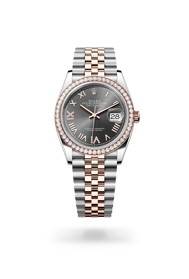 Rolex Datejust 36 in Oystersteel, Everose gold and diamonds with a Slate dial set with diamonds, bezel with diamonds, and Jubilee bracelet - AH Riise