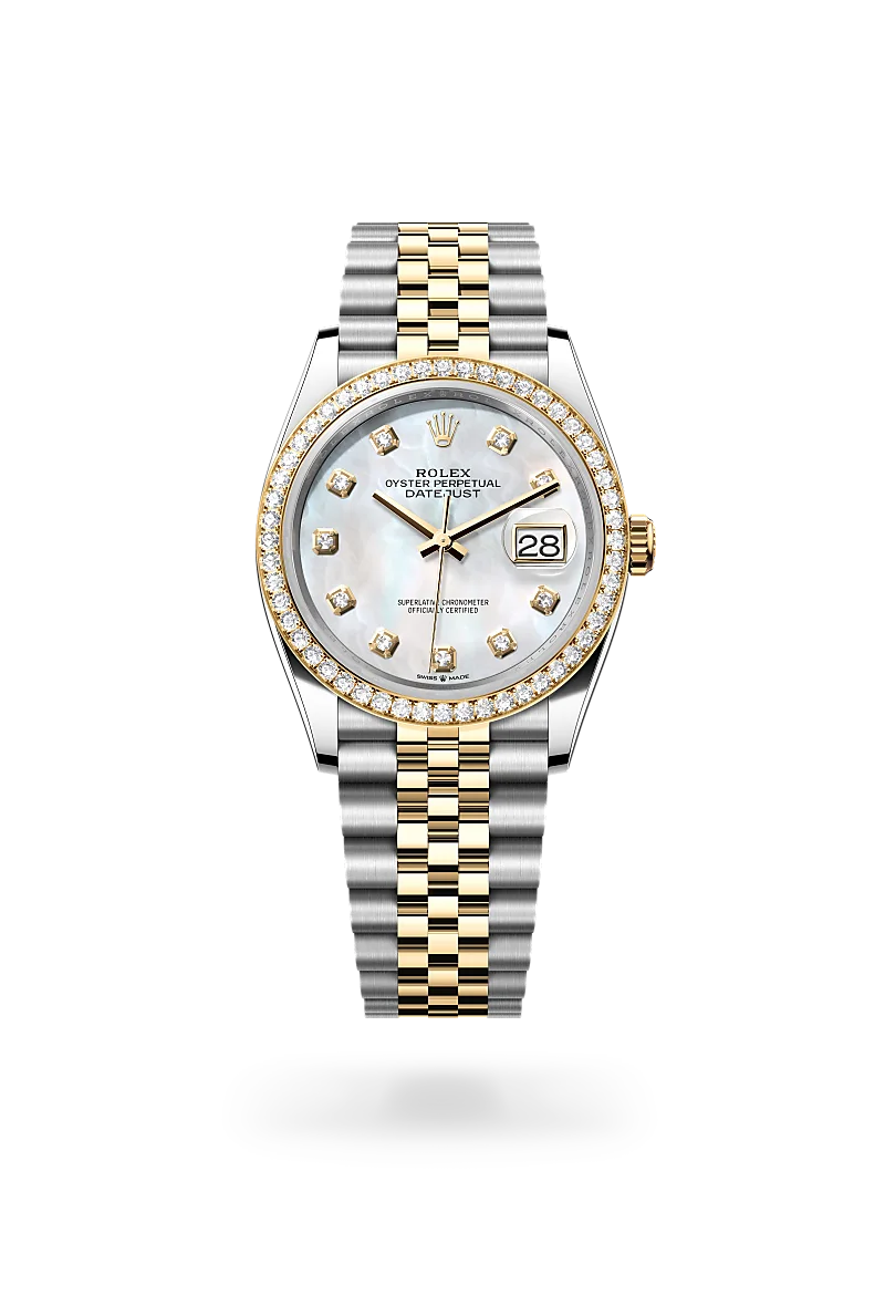 Rolex Datejust 36 in Oystersteel, yellow gold and diamonds with a White mother-of-pearl  dial set with diamonds, bezel with diamonds, and Jubilee bracelet - AH Riise