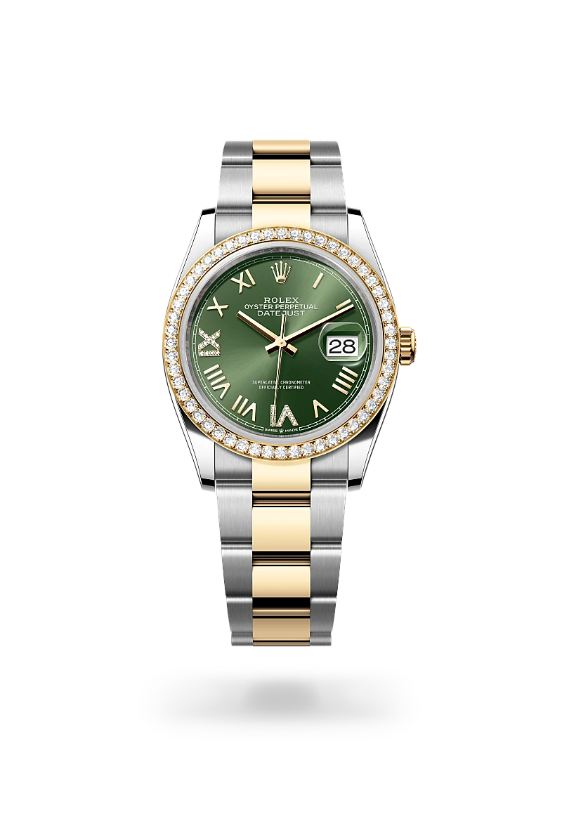 Rolex Datejust 36 in Oystersteel, yellow gold and diamonds with a Olive green  dial set with diamonds, bezel with diamonds, and Oyster bracelet - AH Riise