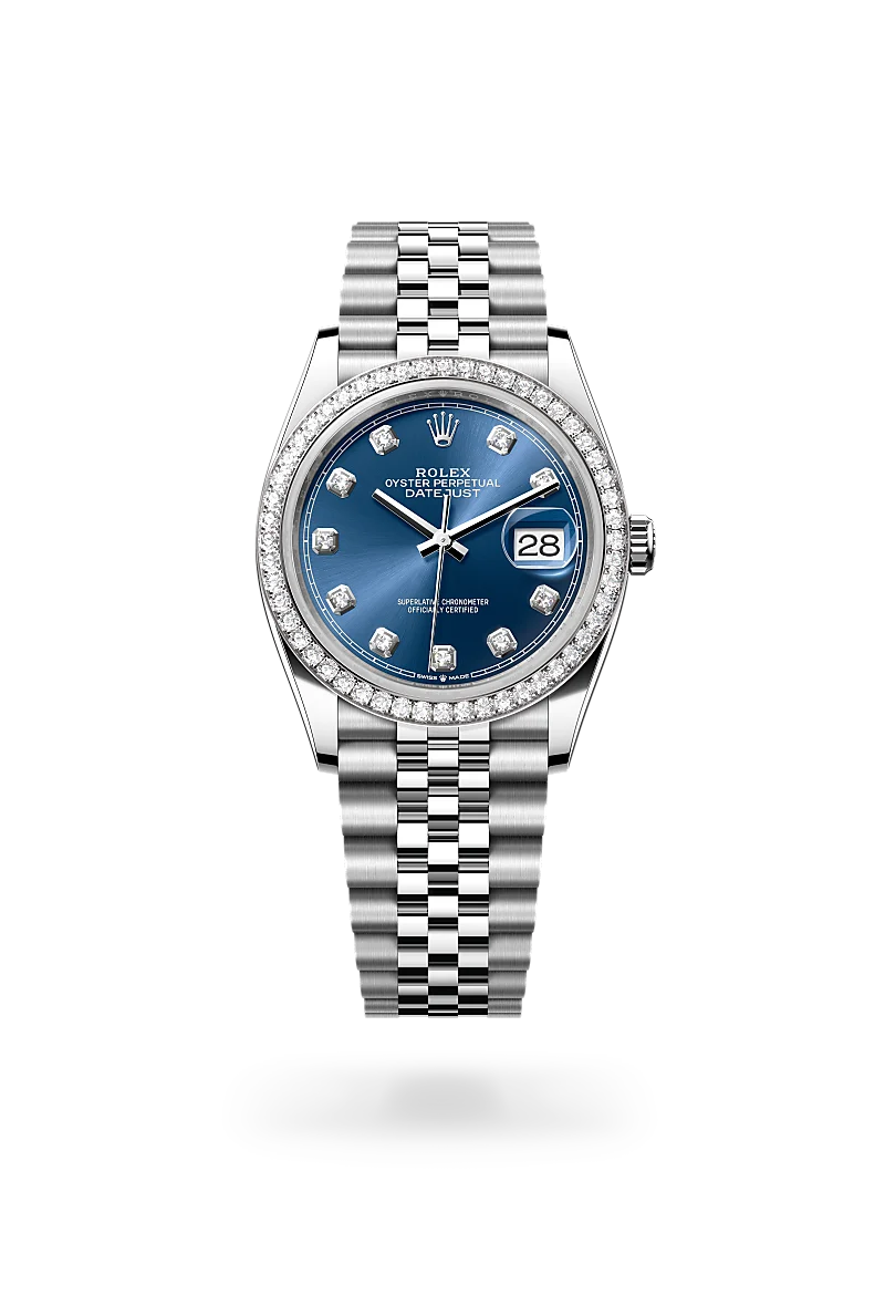 Rolex Datejust 36 in Oystersteel, white gold and diamonds with a Bright blue with diamonds, bezel with diamonds, and Jubilee bracelet - AH Riise
