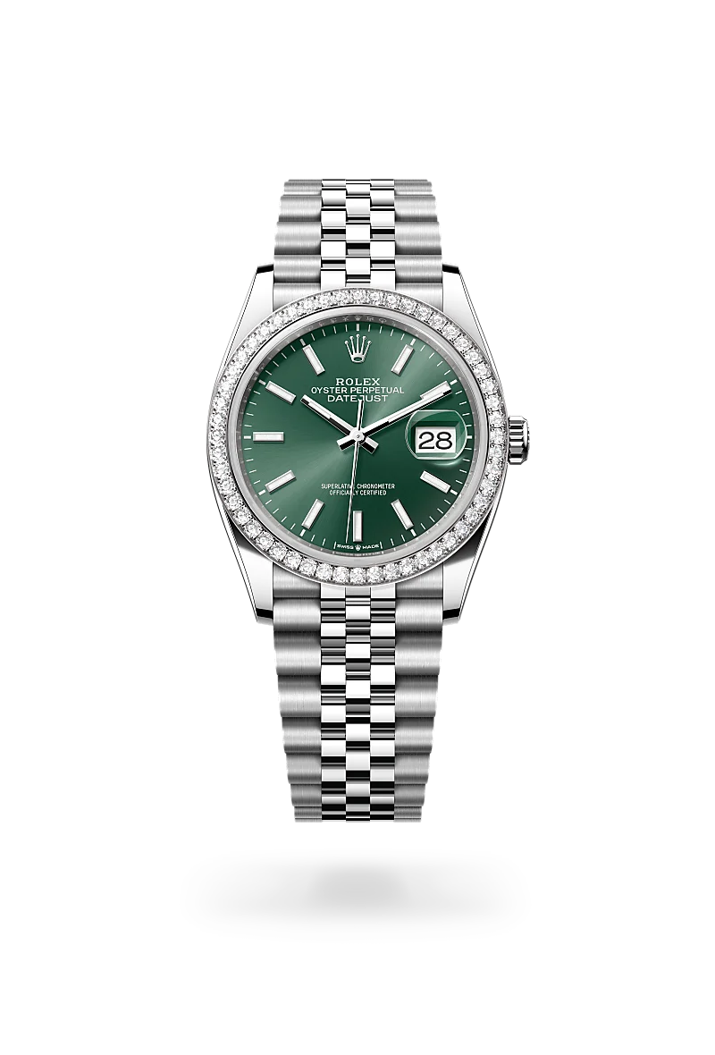 Rolex Datejust 36 in Oystersteel, white gold and diamonds with a Mint green dial, bezel with diamonds, and Jubilee bracelet - AH Riise