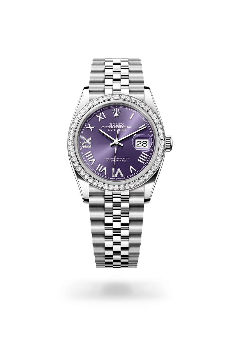 Rolex Datejust 36 in Oystersteel, white gold and diamonds with a Aubergine set with diamonds dial, bezel with diamonds, and Jubilee bracelet - AH Riise