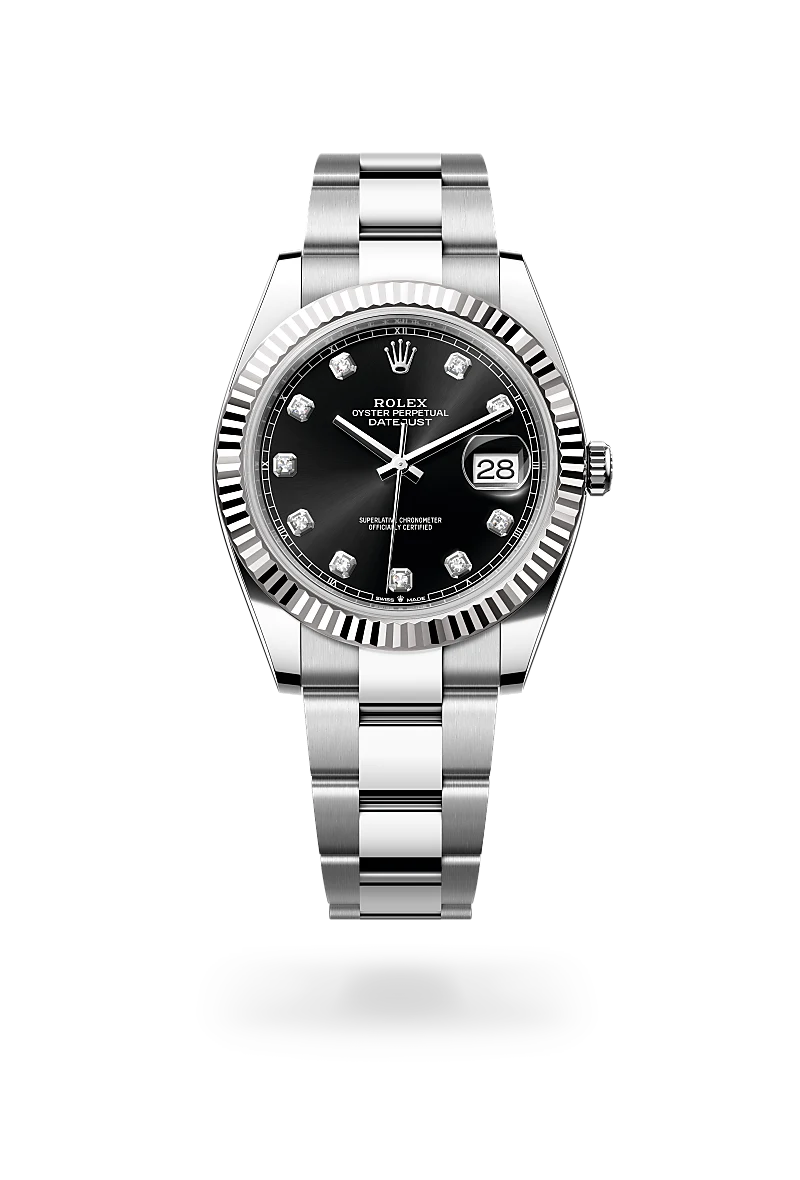 Rolex Datejust 41 in Oystersteel and white gold with a Bright black dial set with diamonds, fluted bezel, and Oyster bracelet - AH Riise