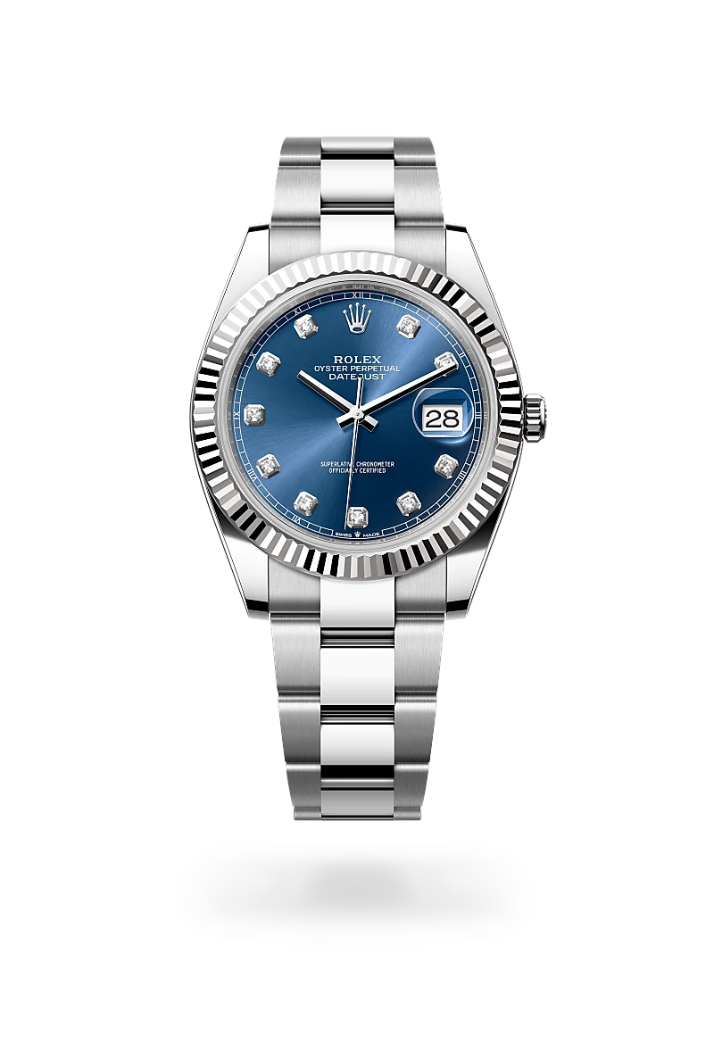 Rolex Datejust 41 in Oystersteel and white gold with a Bright blue dial set with diamonds, fluted bezel, and Oyster bracelet - AH Riise Rolex Datejust 41 in Oystersteel and white gold with a Bright blue dial set with diamonds, fluted bezel, and Oyster bracelet - AH Riise