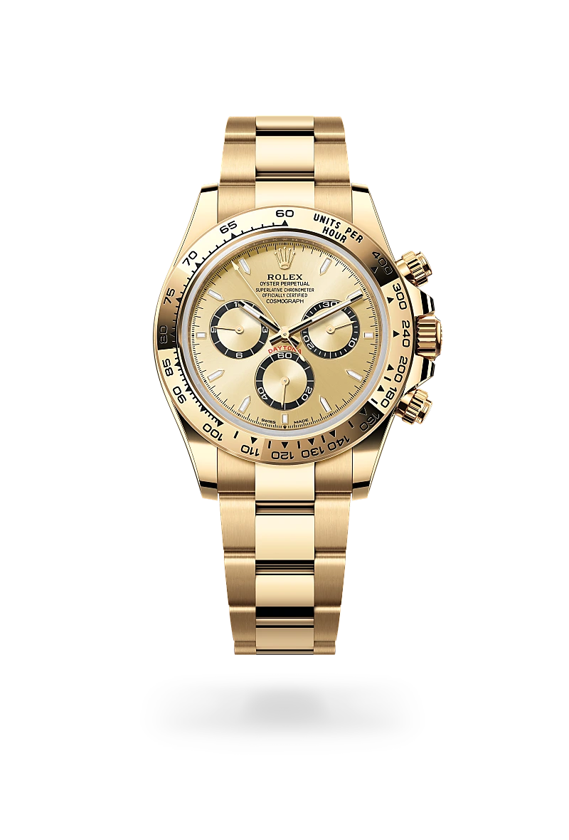 Rolex Cosmograph Daytona in yellow gold with a golden dial, fixed bezel, and Oyster bracelet - AH Riise