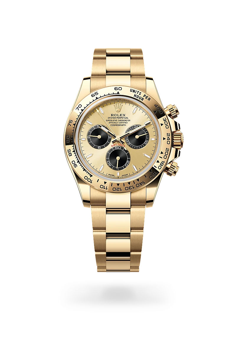 Rolex Cosmograph Daytona in yellow gold with a golden and black dial, fixed bezel, and Oyster bracelet - AH Riise