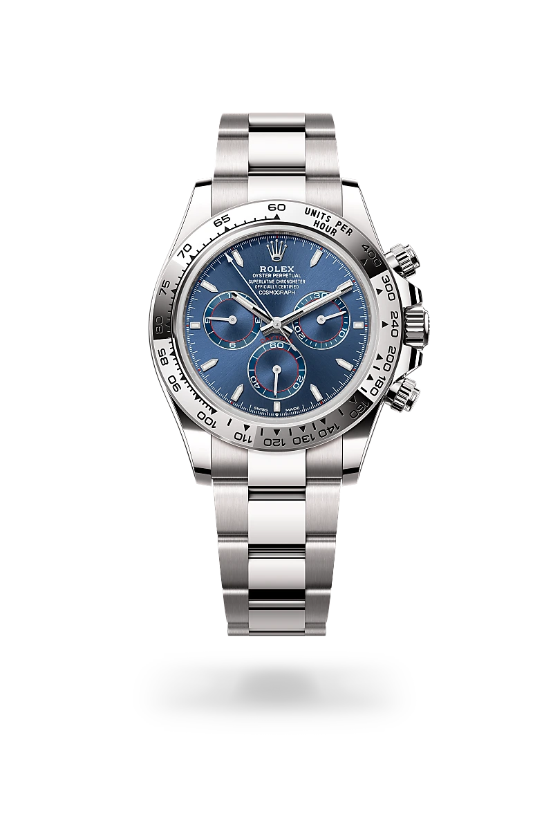 Rolex Cosmograph Daytona in white gold with a Bright blue dial, fixed bezel, and Oyster bracelet - AH Riise