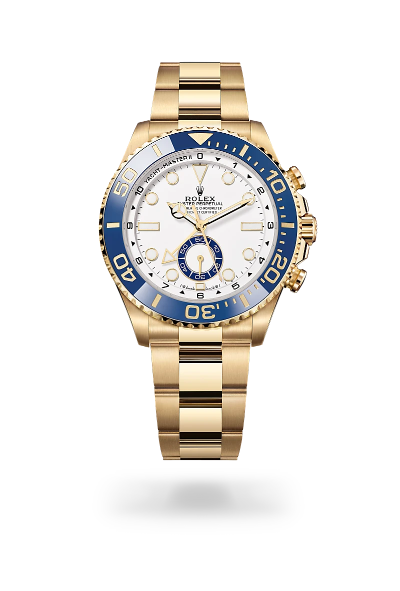Rolex Yacht-Master II in yellow gold with a White dial, blue Cerachrom insert in ceramic bezel, and Oyster bracelet - AH Riise