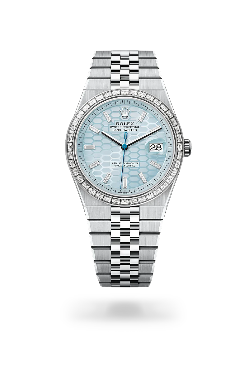 Rolex Land-Dweller 40 in platinum and diamonds with an Ice blue dial, bezel set with diamonds, and flat Jubilee bracelet - AH Riise