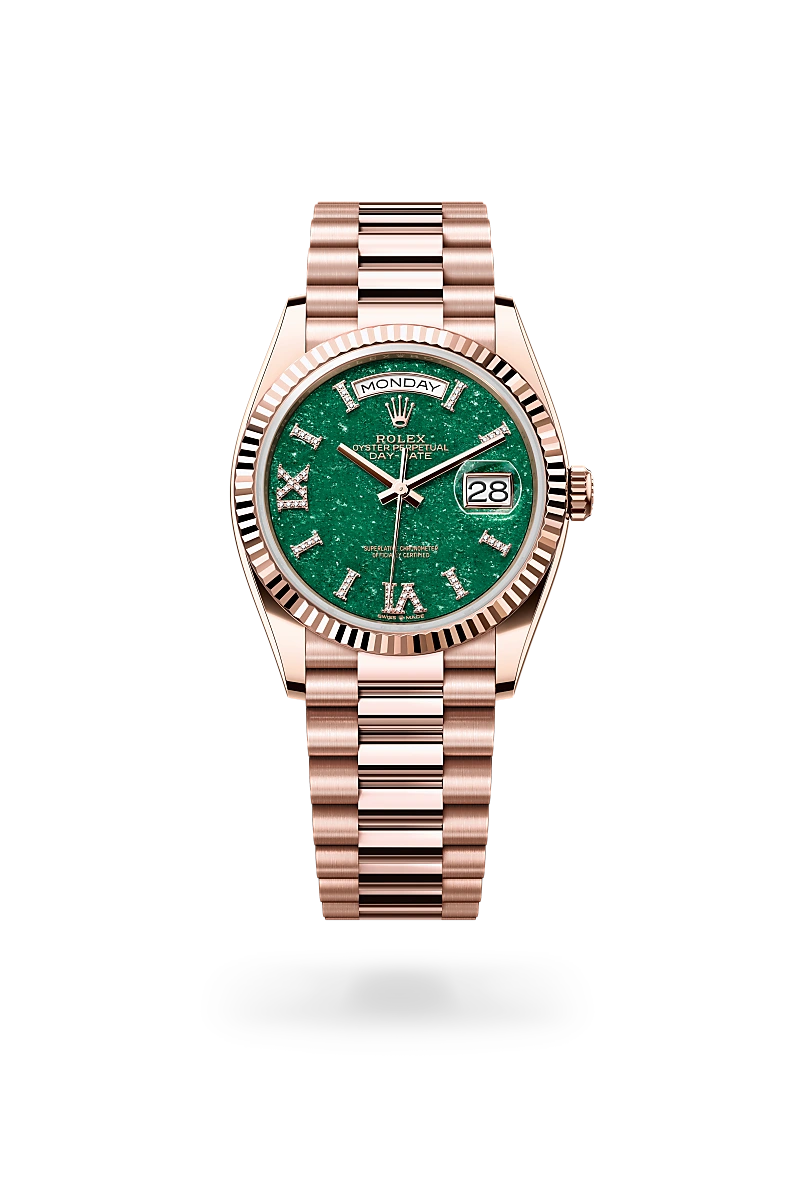 Rolex Day-Date 36 in Everose gold, Green aventurine dial with diamonds, fluted bezel, and President bracelet - AH Riise Rolex Day-Date 36 in Everose gold, Green aventurine dial with diamonds, fluted bezel, and President bracelet - AH Riise