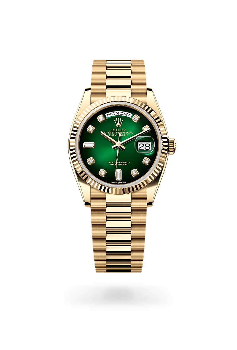 Rolex Day-Date 36 in yellow gold, Green ombré dial set with diamonds, fluted bezel, and President bracelet - AH Riise Rolex Day-Date 36 in yellow gold, Green ombré dial set with diamonds, fluted bezel, and President bracelet - AH Riise