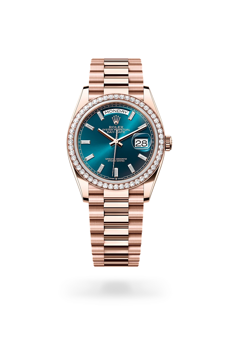 Rolex Day-Date 36 in Everose gold and diamonds, Blue-green dial set with diamonds, bezel with diamonds, and President bracelet - AH Riise Rolex Day-Date 36 in Everose gold and diamonds, Blue-green dial set with diamonds, bezel with diamonds, and President bracelet - AH Riise