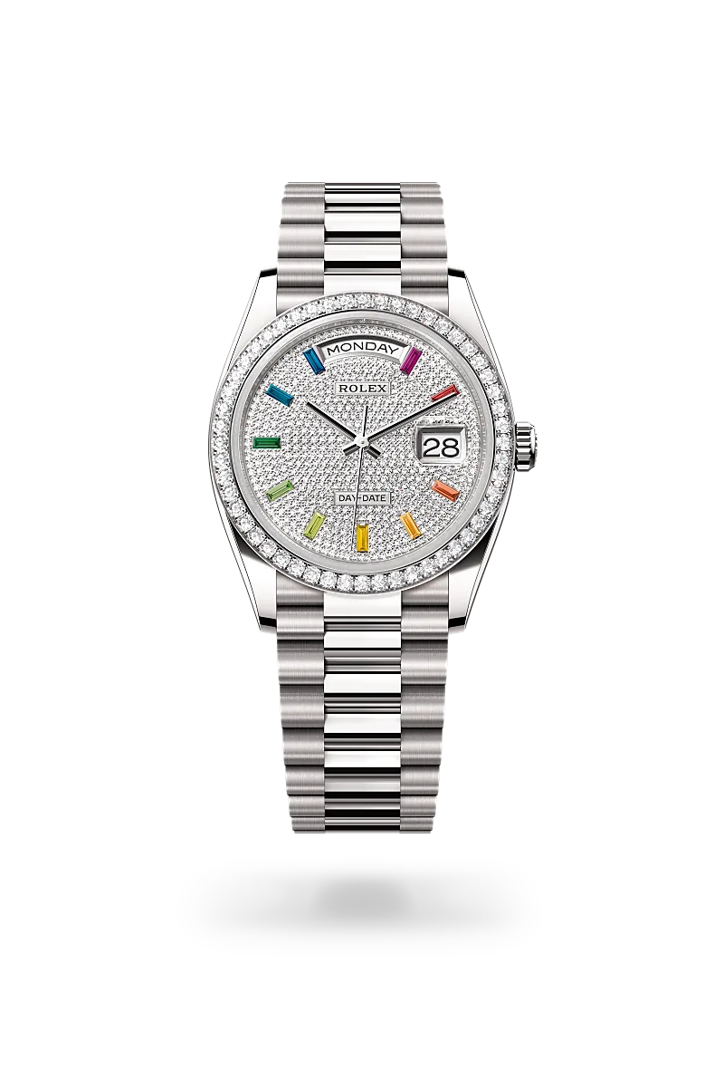 Rolex Day-Date 36 in white gold and diamonds, Diamond-paved dial, bezel with diamonds, and President bracelet - AH Riise