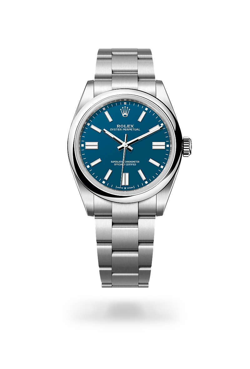 Rolex Oyster Perpetual 41 in Oystersteel with a med blue dial, domed  bezel, and Oyster bracelet - AH Riise
