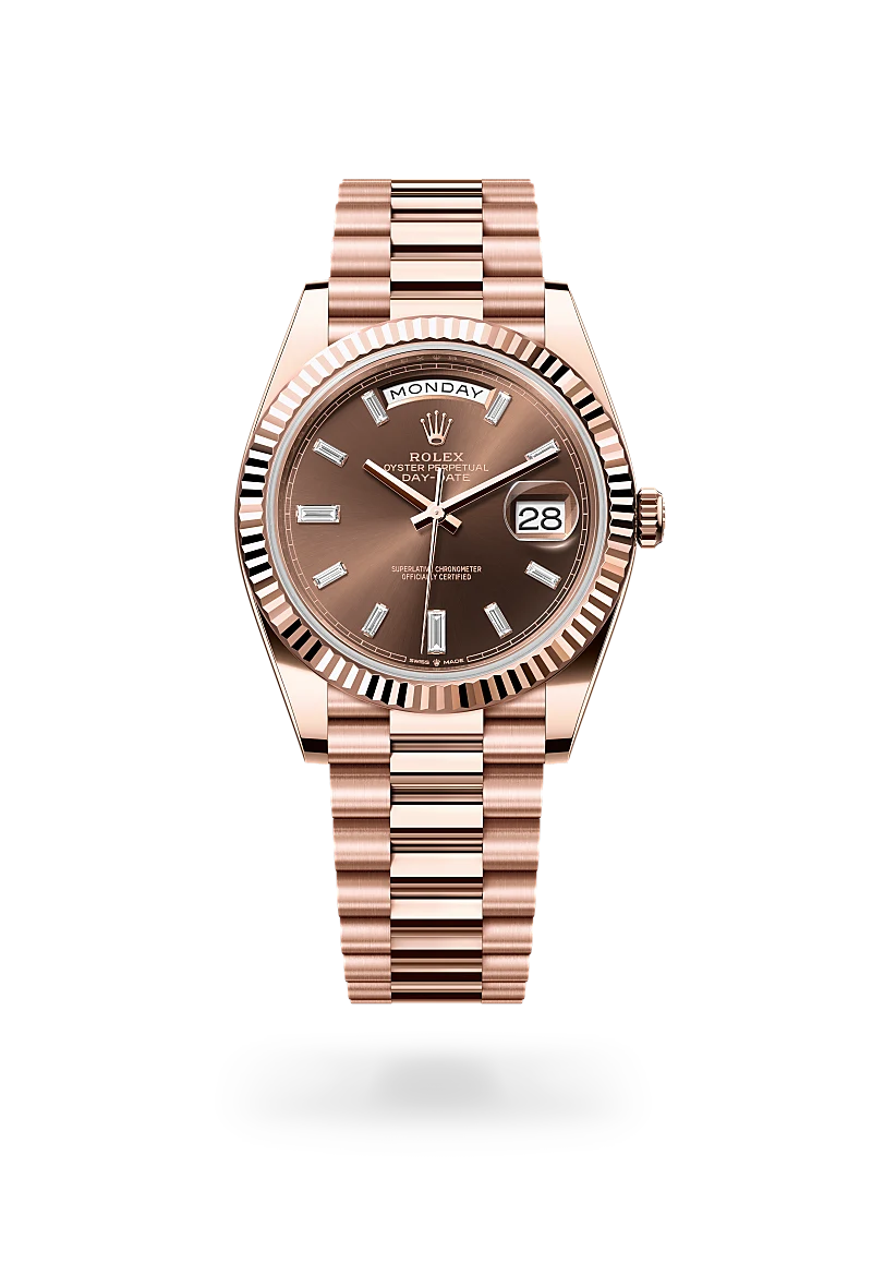 Rolex Day-Date 40 in Everose gold with a Chocolate dial set with diamonds, fluted bezel, and President bracelet - AH Riise