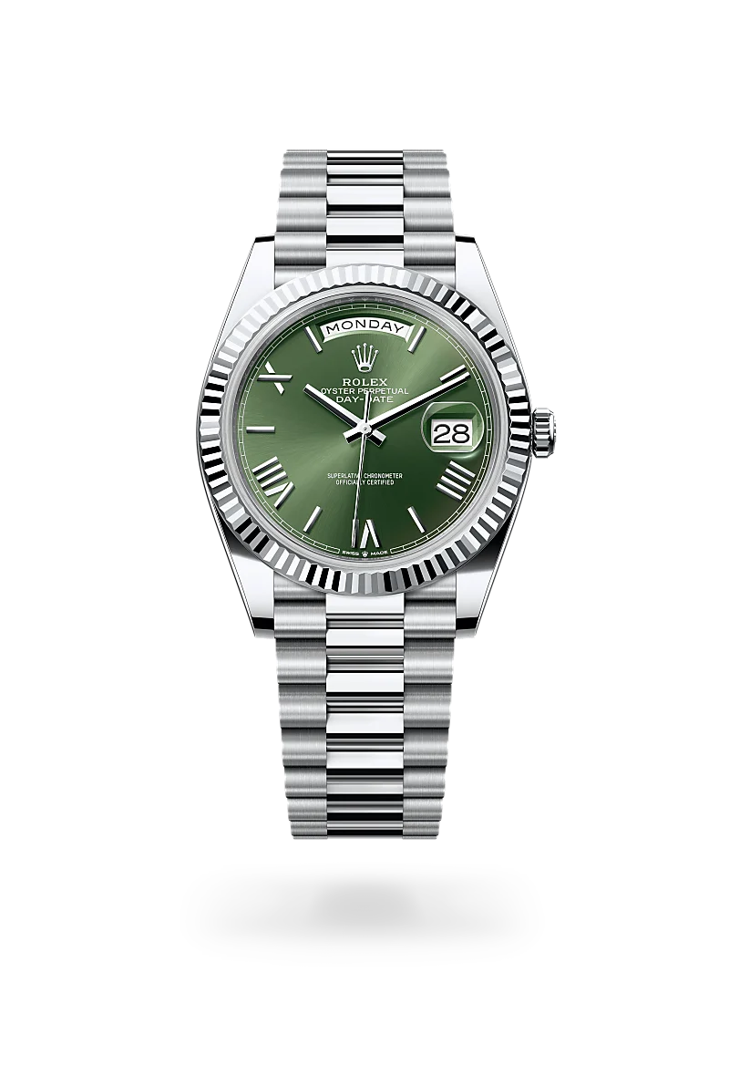 Rolex Day-Date 40 in platinum with an Olive green dial, fluted bezel, and President bracelet - AH Riise Rolex Day-Date 40 in platinum with an Olive green dial, fluted bezel, and President bracelet - AH Riise