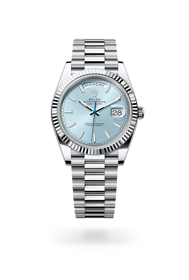 Rolex Day-Date 40 in platinum with an ice blue dial, fluted bezel, and President bracelet - AH Riise