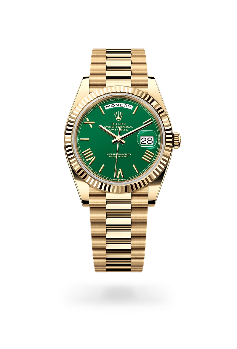 Rolex Day-Date 40 in yellow gold, Green dial, fluted bezel and President bracelet - AH Riise Rolex Day-Date 40 in yellow gold, Green dial, fluted bezel and President bracelet - AH Riise