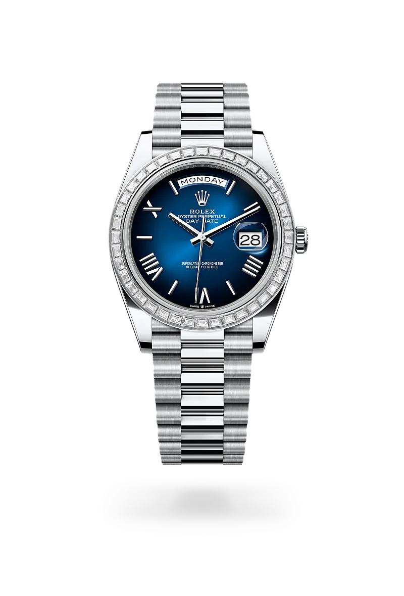 Rolex Day-Date 40 in platinum and diamonds, Blue ombré dial with diamonds, bezel with diamonds, and President bracelet - AH Riise Rolex Day-Date 40 in platinum and diamonds, Blue ombré dial with diamonds, bezel with diamonds, and President bracelet - AH Riise