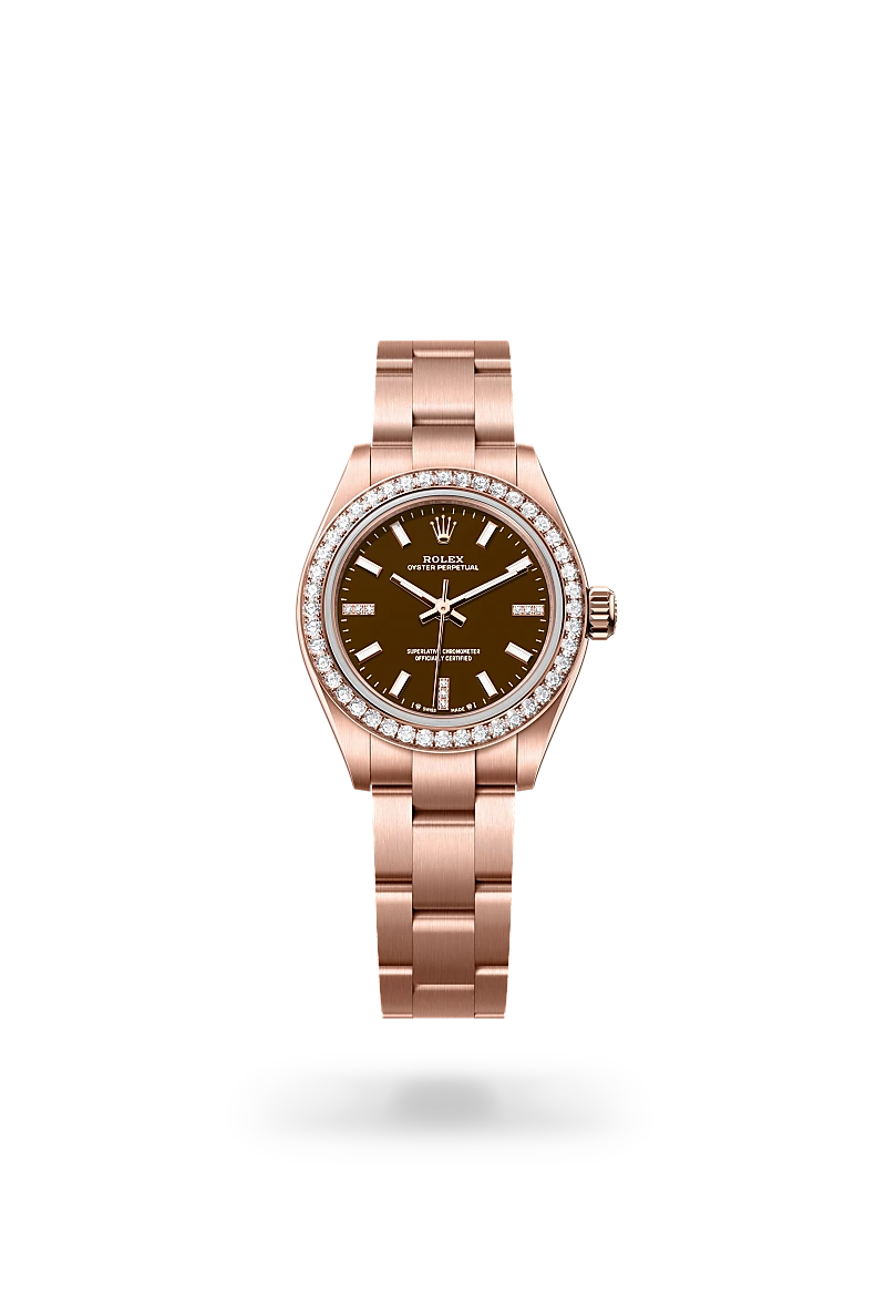 Rolex Oyster Perpetual 28 in Everose gold and diamonds with a Brown stone set with diamonds dial, Diamond-set bezel, and Oyster bracelet - AH Riise
