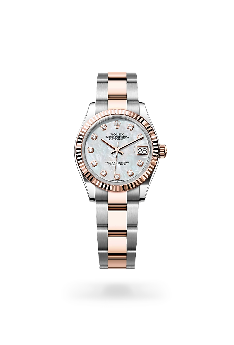 Rolex Datejust 31 in Oystersteel and Everose gold with a White mother-of-pearl dial set with diamonds, fluted bezel, and Oyster bracelet - AH Riise Rolex Datejust 31 in Oystersteel and Everose gold with a White mother-of-pearl dial set with diamonds, fluted bezel, and Oyster bracelet - AH Riise