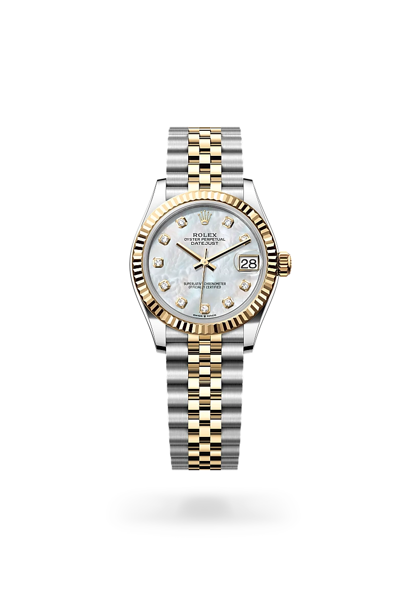 Rolex Datejust 31 in Oystersteel and yellow gold with a White mother-of-pearl dial set with diamonds, fluted bezel, and Jubilee bracelet - AH Riise