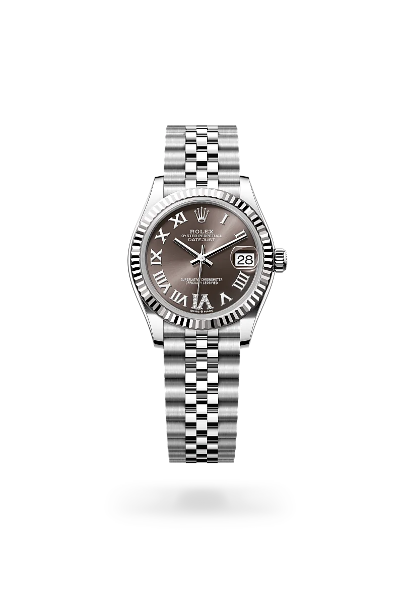 Rolex Datejust 31 in Oystersteel and white gold with a Dark grey dial set with diamonds, fluted bezel, and Jubilee bracelet - AH Riise Rolex Datejust 31 in Oystersteel and white gold with a Dark grey dial set with diamonds, fluted bezel, and Jubilee bracelet - AH Riise