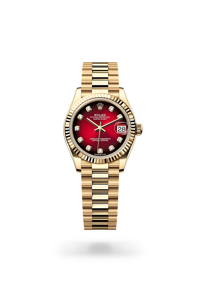 Rolex Datejust 31 in yellow gold with a Red ombré dial set with diamonds, fluted bezel, and President bracelet - AH Riise Rolex Datejust 31 in yellow gold with a Red ombré dial set with diamonds, fluted bezel, and President bracelet - AH Riise
