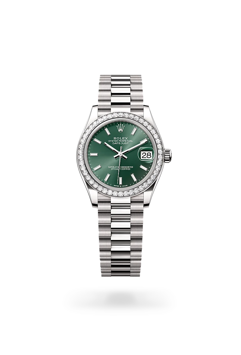 Rolex Datejust 31 in white gold and diamonds with a Mint green dial, bezel with diamonds, and President bracelet - AH Riise