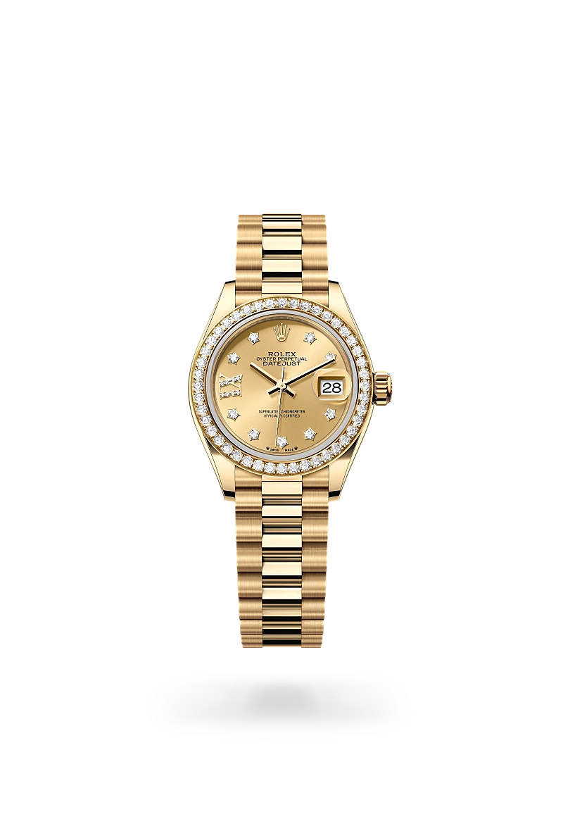 Rolex Lady-Datejust 28 in yellow gold and diamonds, with a Champagne-colour set dial with diamonds, bezel with diamonds, and President bracelet - AH Riise