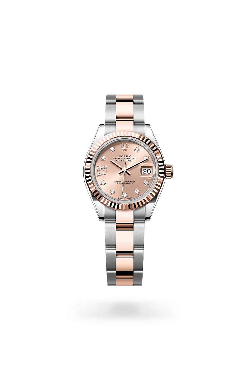 Rolex Lady-Datejust 28 in Oystersteel and Everose gold with a Rosé-colour set with diamonds dial, fluted bezel, and Oyster bracelet - AH Riise