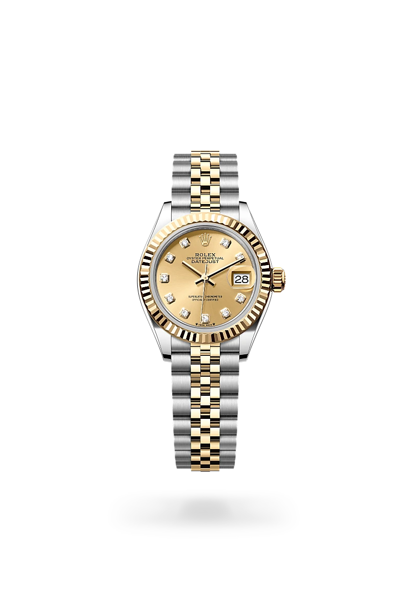 Rolex Lady-Datejust 28 in Oystersteel and yellow gold with a  Champagne-colour set with diamonds dial, fluted bezel, and Jubilee bracelet - AH Riise