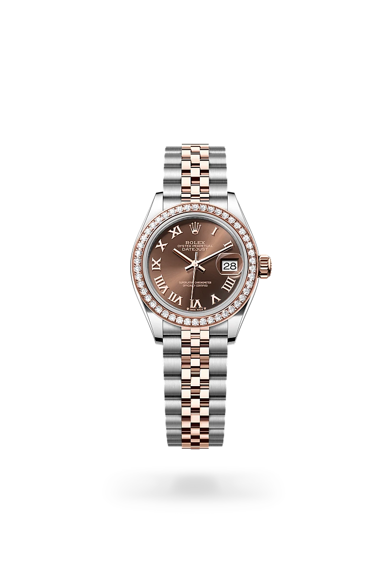 Rolex Lady-Datejust 28 in Oystersteel, Everose gold and diamonds, with a chocolate dial, bezel with diamonds, and Jubilee bracelet - AH Riise
