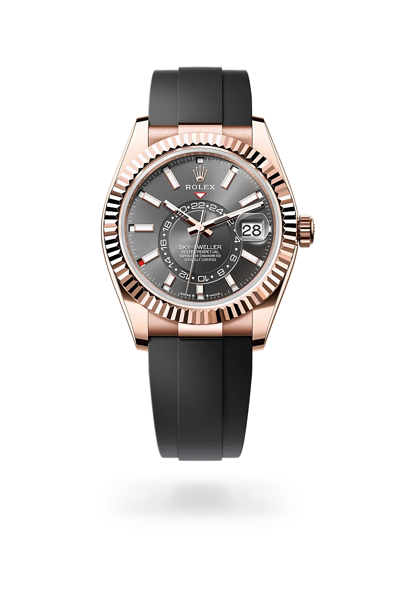 Rolex Sky-Dweller in Everose gold with a Slate dial, fluted bezel, and Oysterflex bracelet - AH Riise