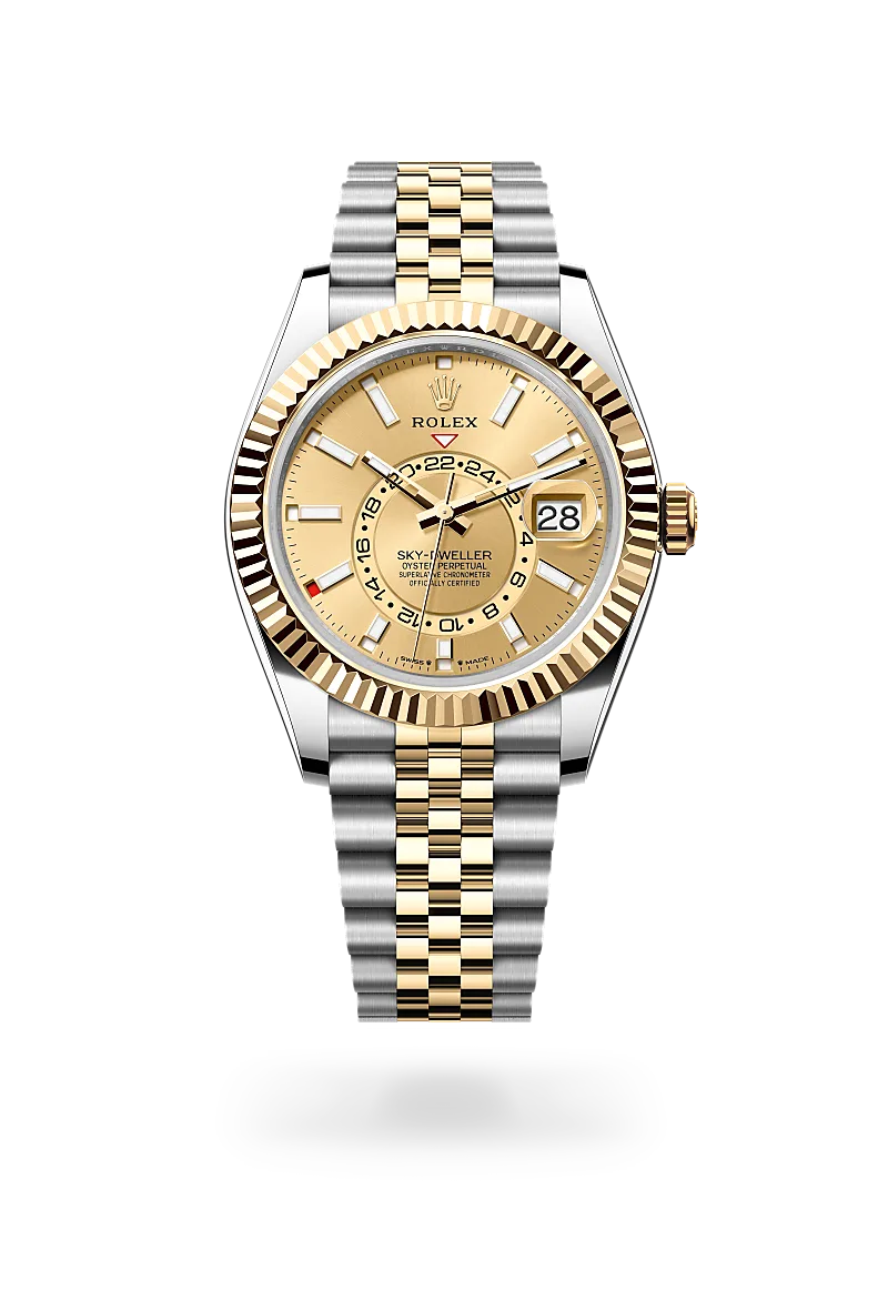 Rolex Sky-Dweller in Oystersteel and yellow gold with a champagne-colour dial, fluted bezel, and Jubilee bracelet - AH Riise