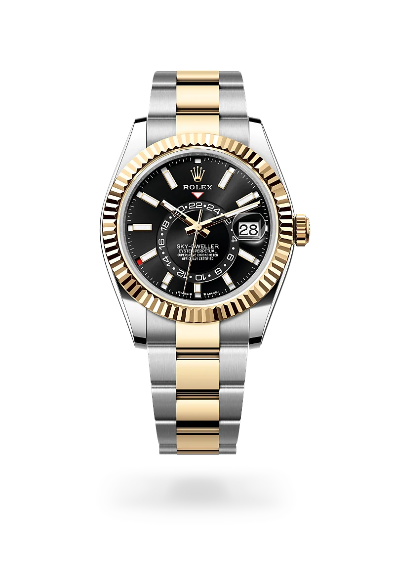 Rolex Sky-Dweller in Oystersteel and yellow gold with a Bright black dial, fluted bezel, and Oyster bracelet - AH Riise