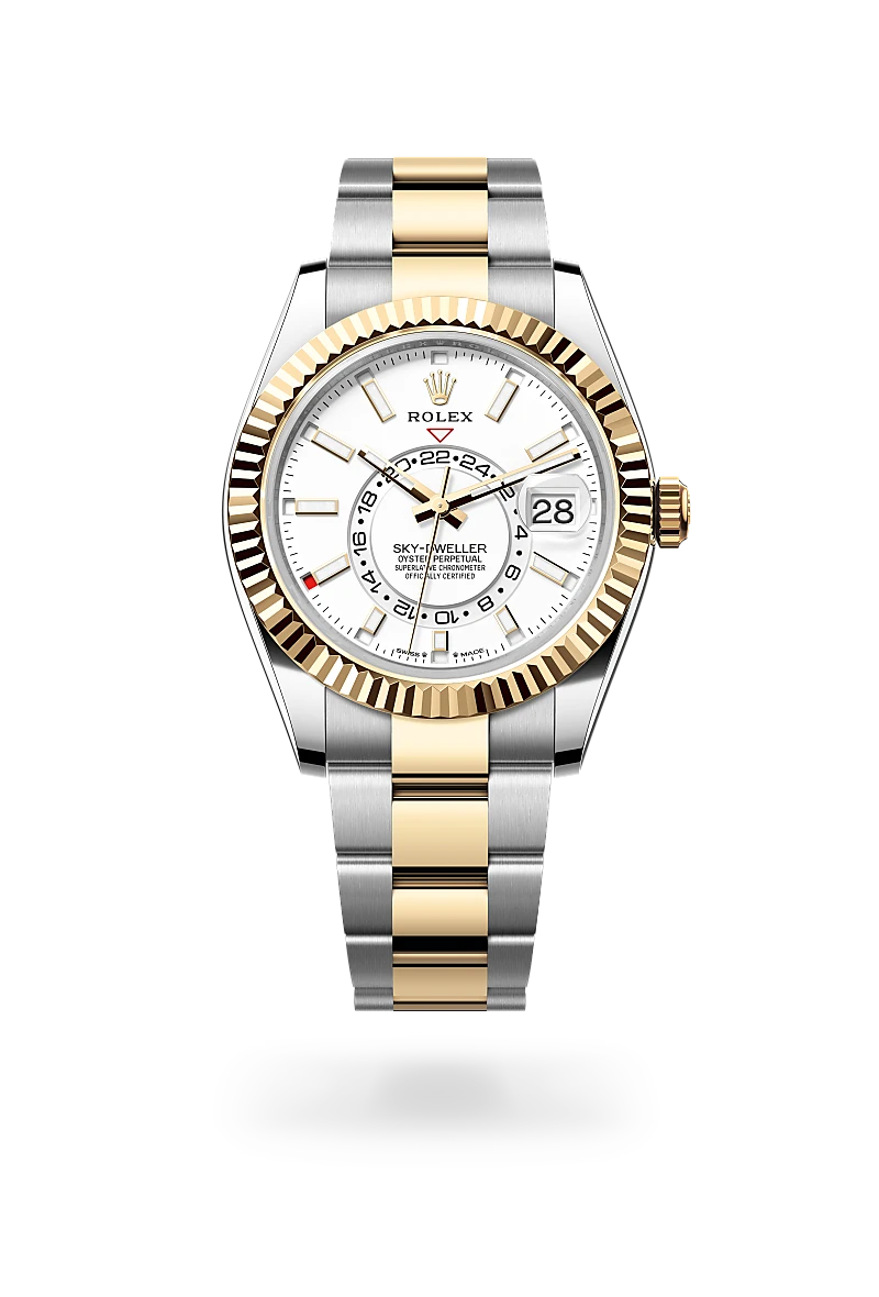 Rolex Sky-Dweller in Oystersteel and yellow gold with a white dial, fluted bezel, and Oyster bracelet - AH Riise