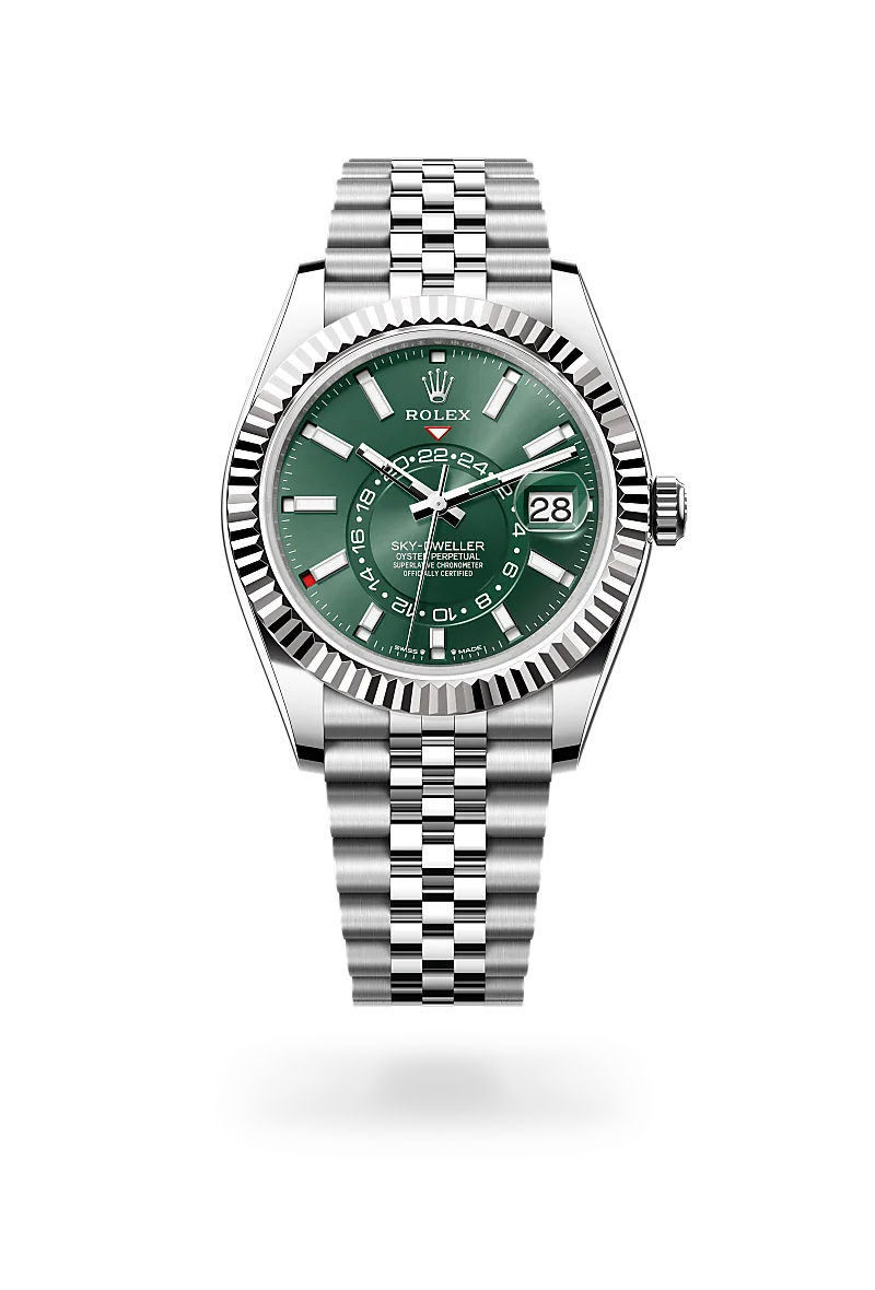 Rolex Sky-Dweller in Oystersteel and white gold with a mint green dial, fluted bezel, and Jubilee bracelet - AH Riise