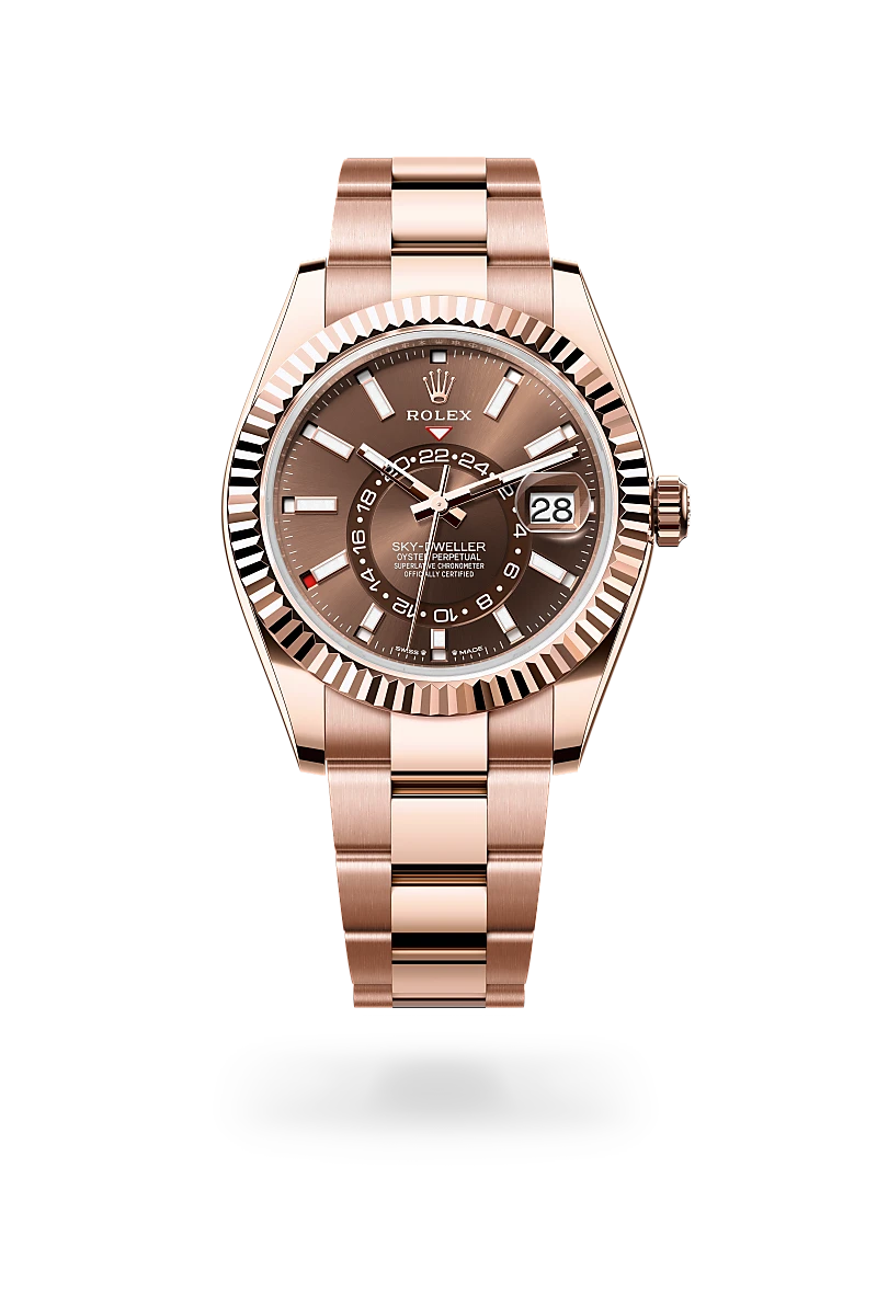 Rolex Sky-Dweller in Everose gold with a Chocolate dial, fluted bezel, and Oyster bracelet - AH Riise